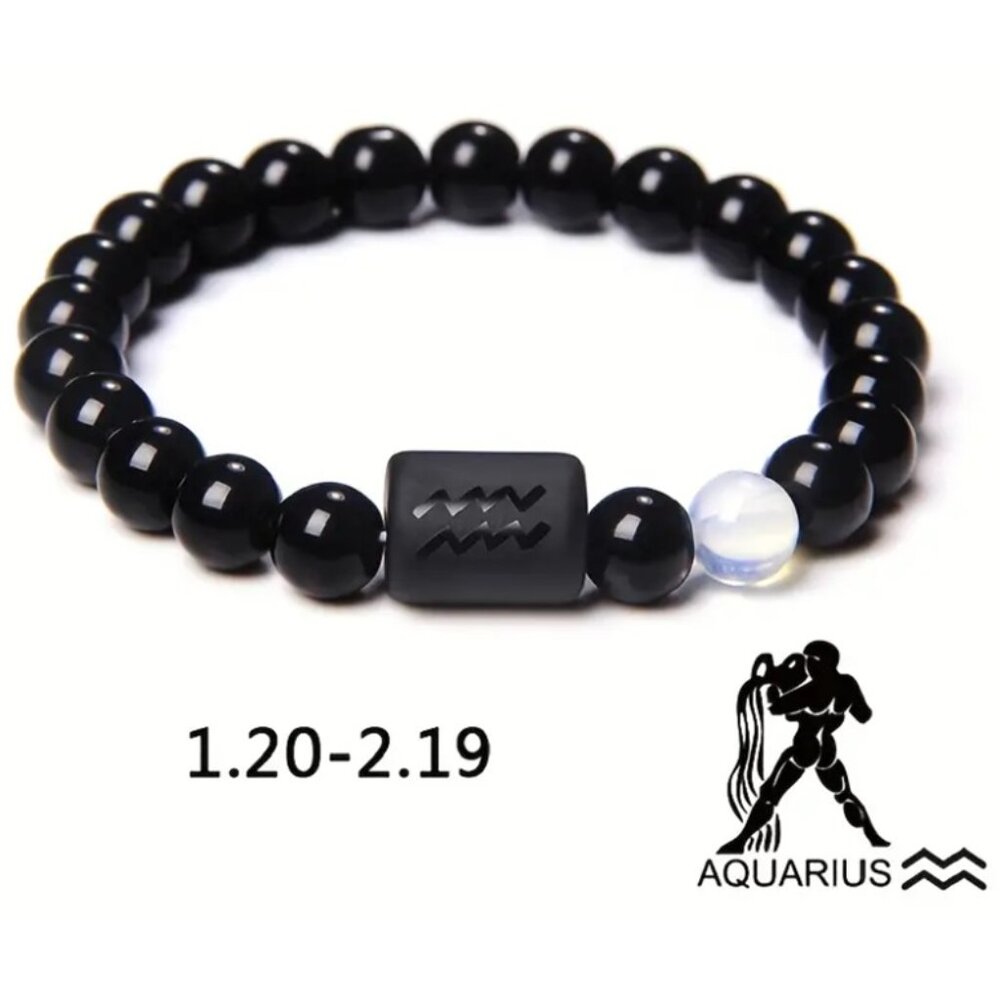 Aquarius Zodiac Signs Charm Bracelet Natural 8mm Black Onyx Stone Beads